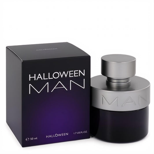 Distinctive Halloween Man 1.7 oz EDT spray. Sleek dark purple bottle with silver cap, embossed "MAN," and matching gradient box.