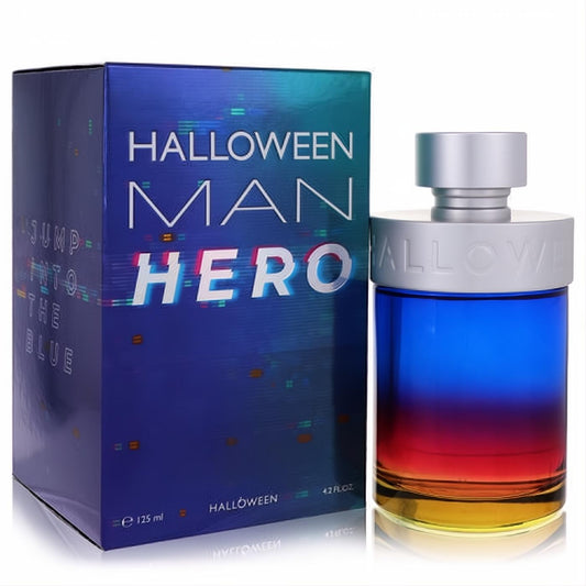 Halloween Man Hero 4.2 oz EDT spray. Vibrant blue-red-amber gradient glass bottle with sleek silver cap and matching digital blue box.**