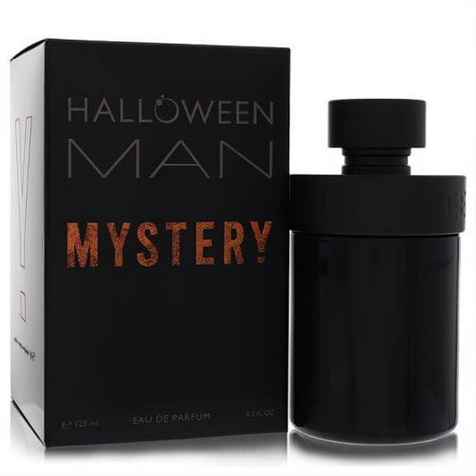Halloween Man Mystery 4.2 oz Eau De Parfum. Dark, mysterious black bottle and box with striking bronze lettering.