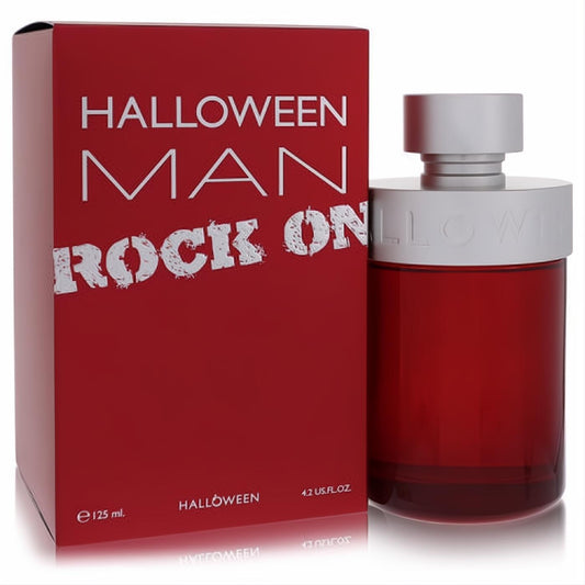 Halloween Man Rock On 4.2 oz EDT in a bold ruby red glass bottle with silver cap, displayed with its matching "ROCK ON" red box.