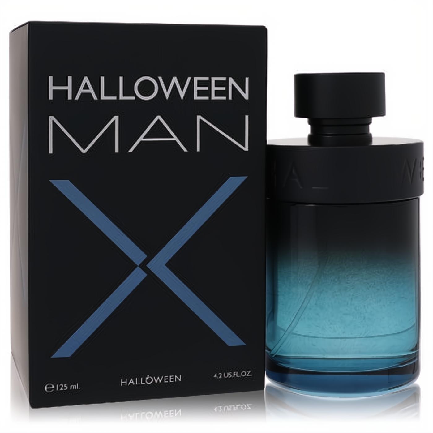 Halloween Man X 4.2 oz EDT. Bold black-to-teal ombre bottle with black cap, beside its sleek black box featuring a striking blue X.
