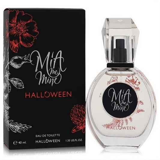 Captivating Halloween Mia Me Mine 1.35 oz EDT spray. Clear glass bottle with faceted cap, elegant black & red floral box.