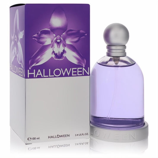 Captivating Halloween by Jesus Del Pozo 3.4 oz EDT in a lavender bottle with silver cap, beside its striking purple orchid box.