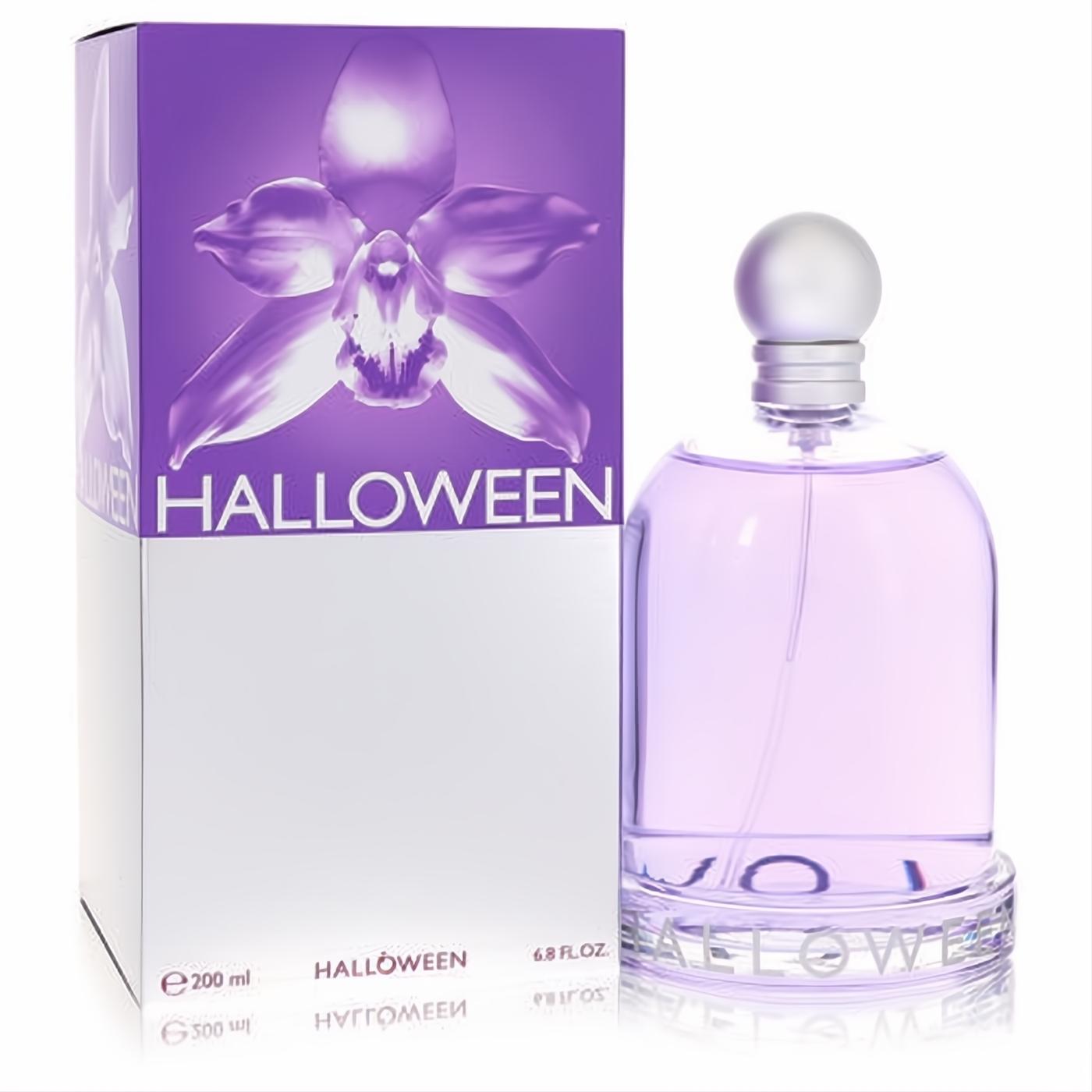 Captivating Halloween by Jesus Del Pozo 6.8 oz EDT spray. Lavender glass bottle with frosted cap and orchid-adorned purple box.