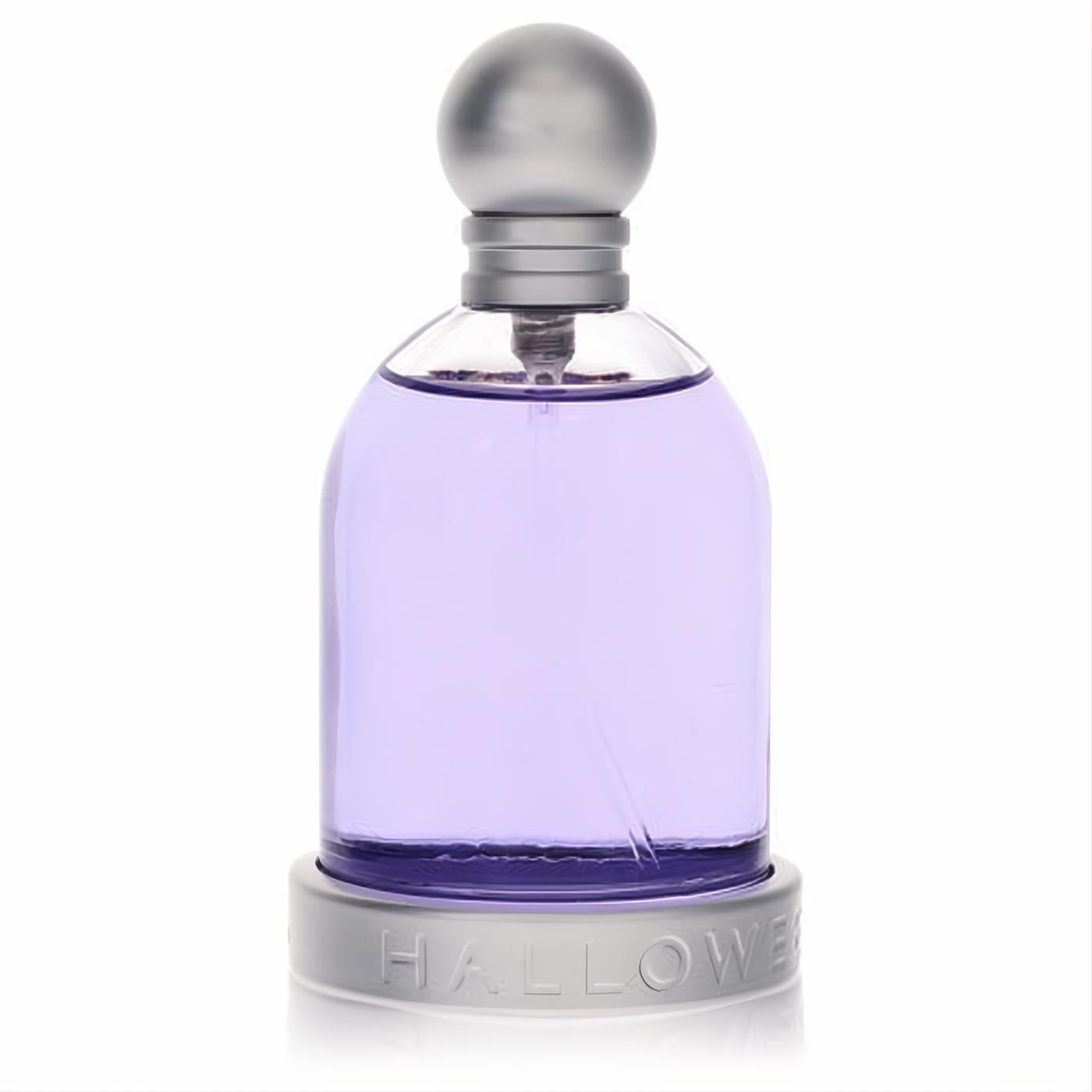 Halloween by Jesus Del Pozo 3.4 oz EDT tester. Clear bottle with captivating purple fragrance, silver spherical cap, and engraved base.
