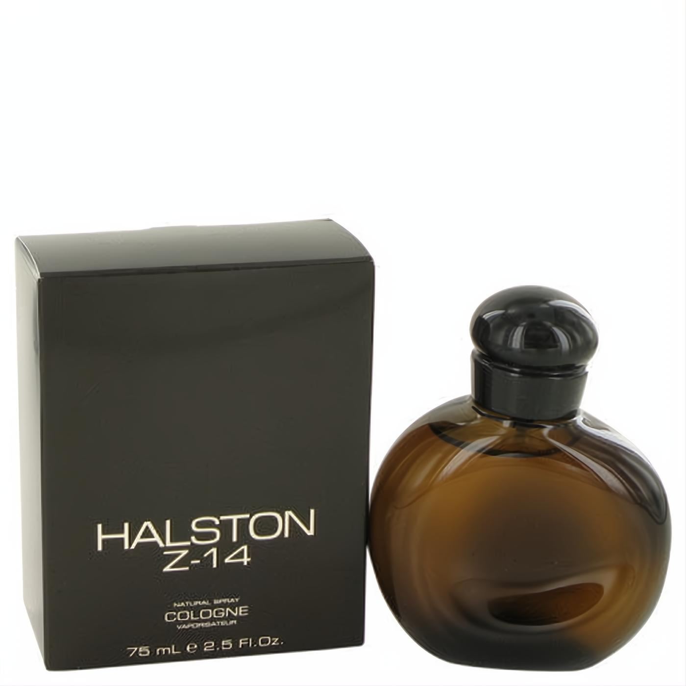 Experience Halston Z-14 men's cologne: 2.5 oz dark brown glass bottle, sleek black cap, and elegant black box.
