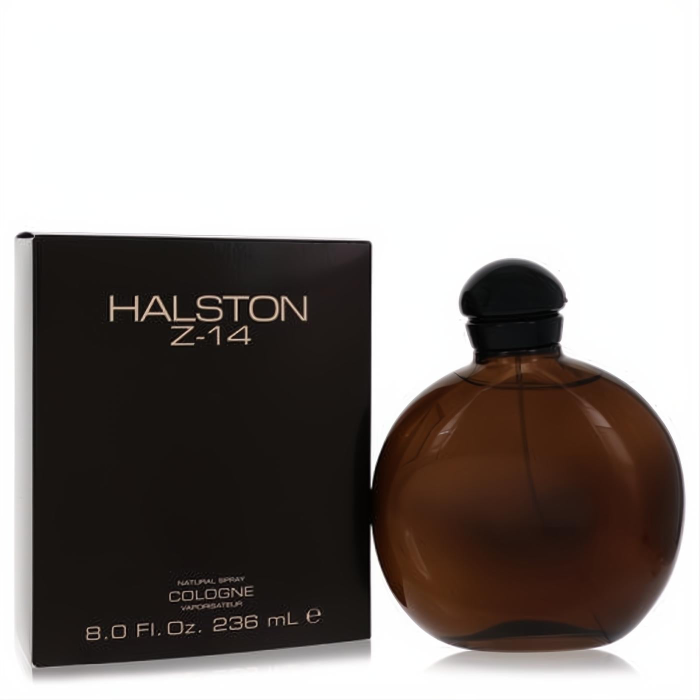 Halston Z-14 men's cologne, 8 oz. Iconic dark amber spray bottle with black cap, next to its sleek black box.