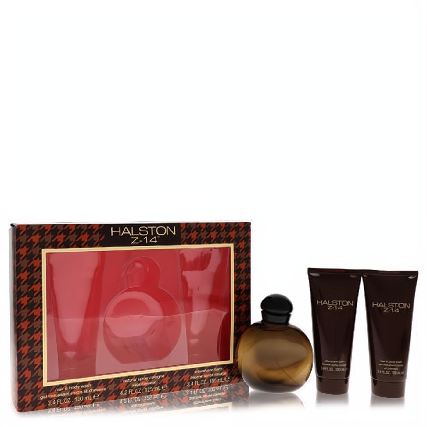 Complete Halston Z-14 men's cologne gift set: amber spray, dark balm, and wash in a stylish red houndstooth box.