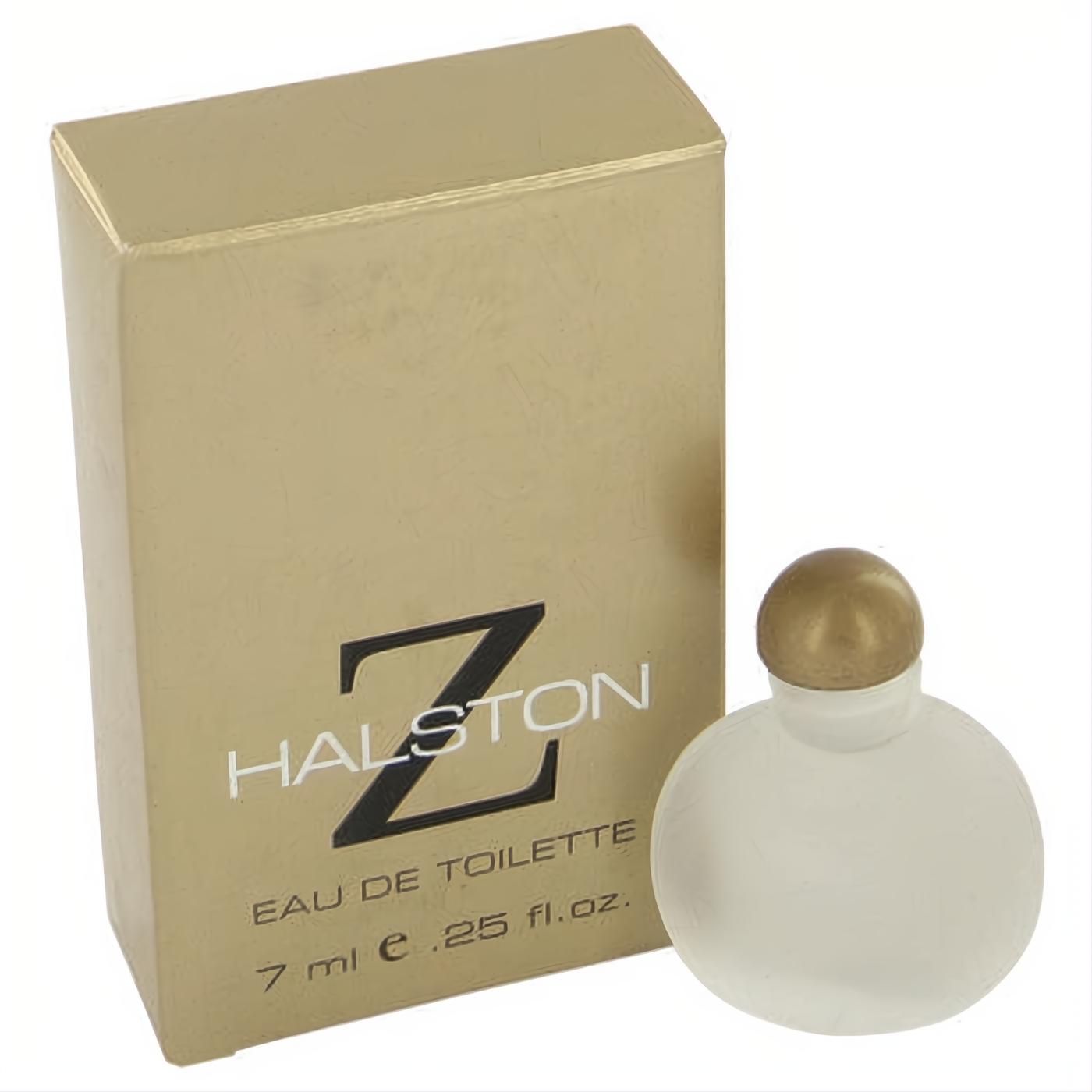 Halston Z Mini EDT .25 oz. Gold box with black logo and frosted white spherical bottle with a gold cap. Classic travel fragrance.