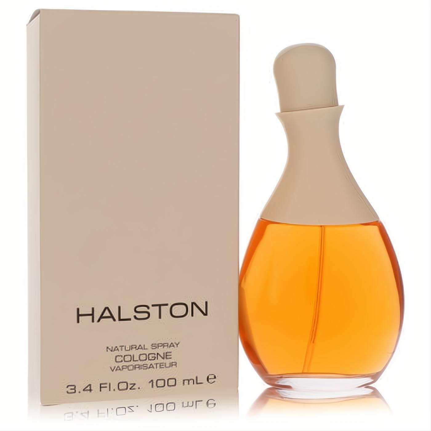 Discover Halston 3.4 oz women's cologne: a curvy bottle with warm amber liquid, cream cap, and classic beige box.