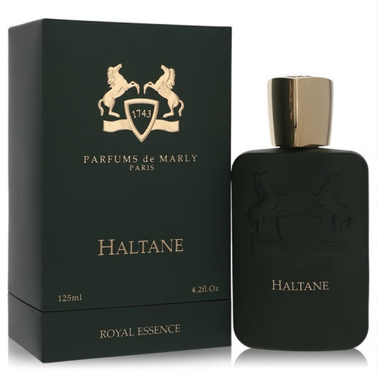 Elegant Parfums De Marly Haltane Royal Essence 4.2 oz EDP. Dark green matte bottle with gold cap, embossed logo, and matching box.