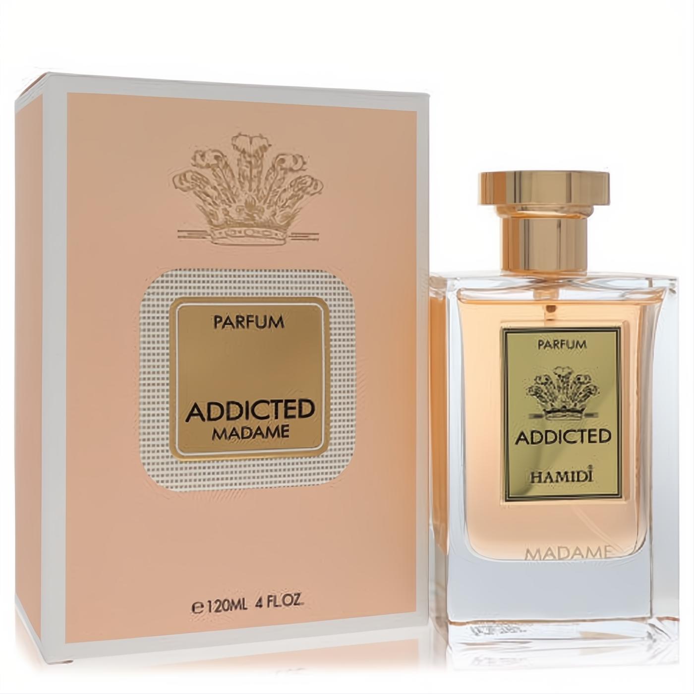 Discover Hamidi Addicted Madame 4 oz women's Eau De Parfum. Elegant clear glass bottle with gold accents & matching peach box.