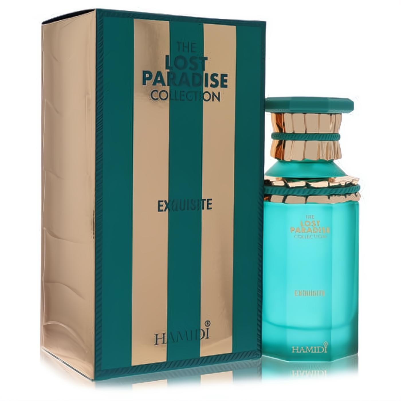 Hamidi Lost Paradise Exquisite perfume: stunning teal glass bottle with ornate gold accents and matching striped presentation box.