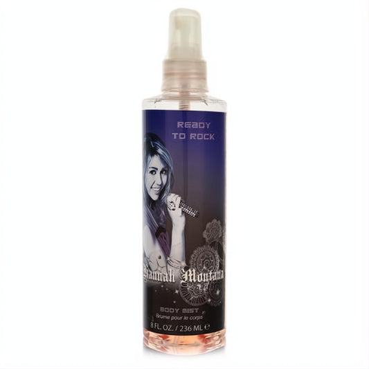 Hannah Montana Ready To Rock 8 oz body mist in a clear spray bottle with pink liquid and a vibrant dark blue label.