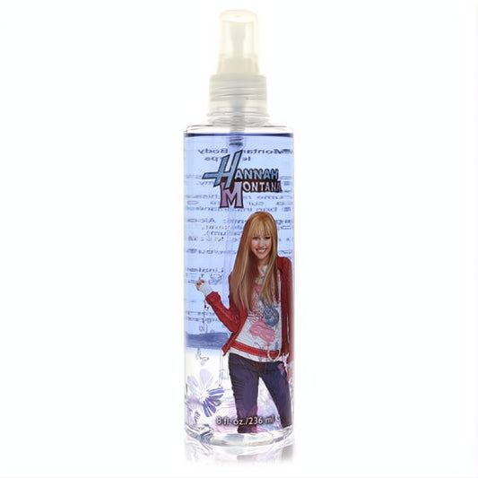 Youthful Hannah Montana Starberry Twist 8 oz body mist. Clear spray bottle with a vibrant graphic of Hannah Montana in a red jacket.