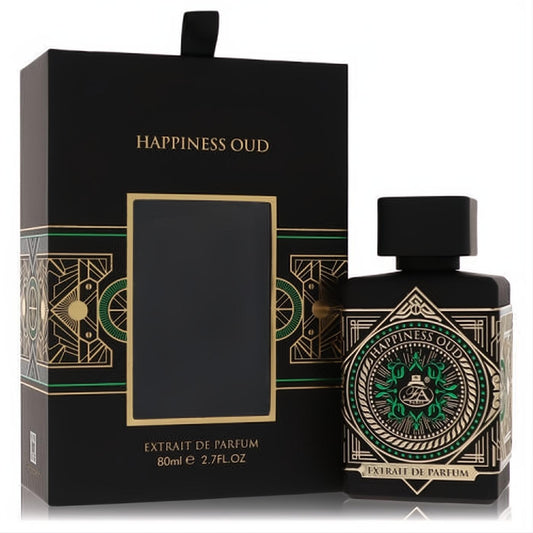 Luxury Happiness Oud 2.7 oz Extrait De Parfum. Black bottle and box feature intricate gold and green art deco designs.
