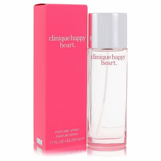 Clinique Happy Heart 1.7 oz Eau de Parfum spray. Elegant clear glass bottle, silver cap, next to its signature fuchsia box.