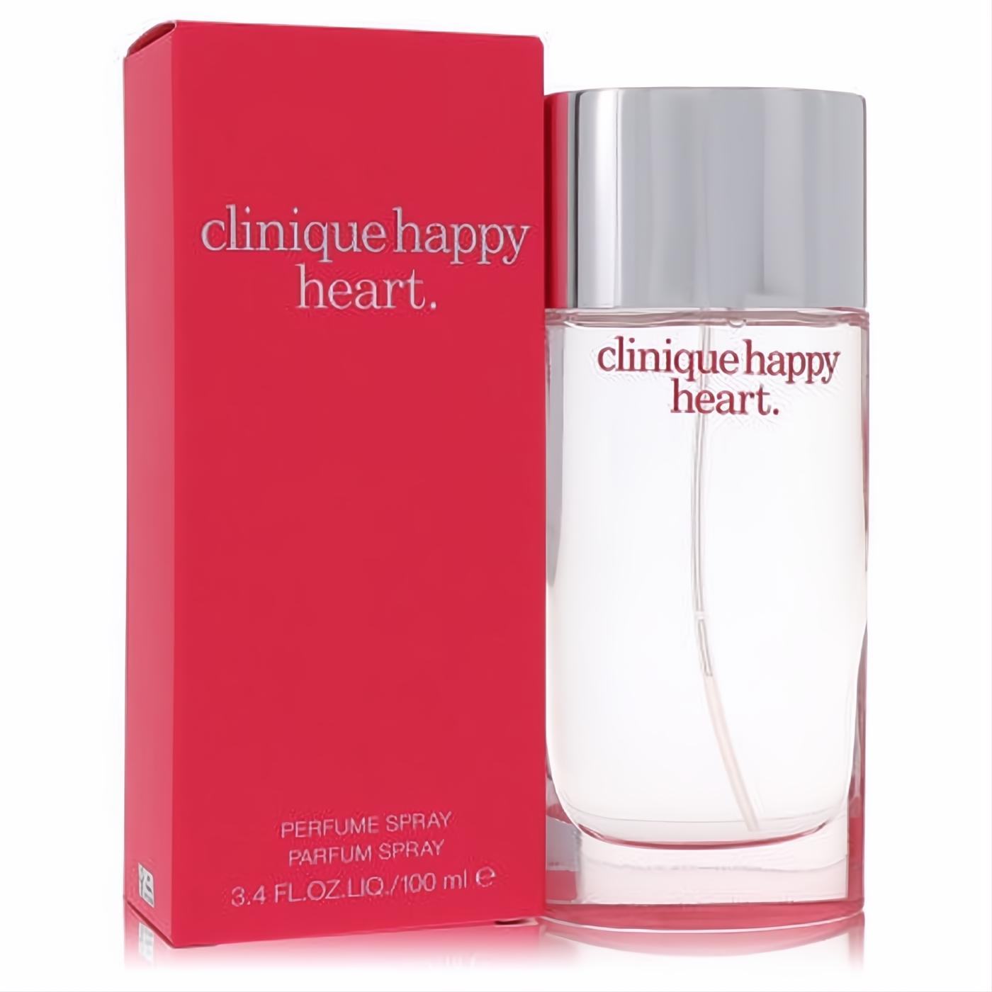 Discover Clinique Happy Heart 3.4 oz Eau de Parfum for women. Clear glass bottle, sleek silver cap, vibrant red box.