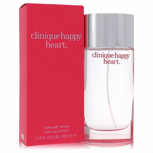 Discover Clinique Happy Heart 3.4 oz Eau de Parfum for women. Clear glass bottle, sleek silver cap, vibrant red box.