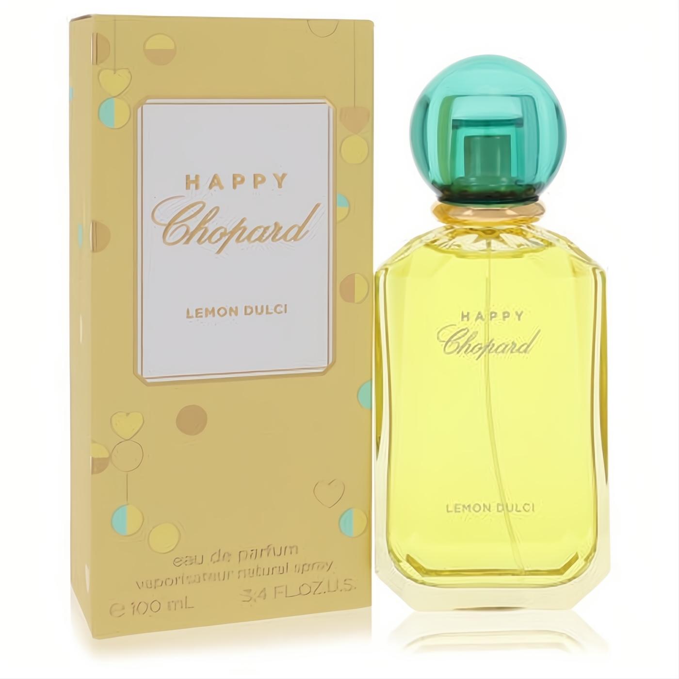 Happy Chopard Lemon Dulci 3.4 oz women's Eau De Parfum. Bright yellow liquid in a clear bottle with a vibrant teal cap, beside its cheerful patterned box.