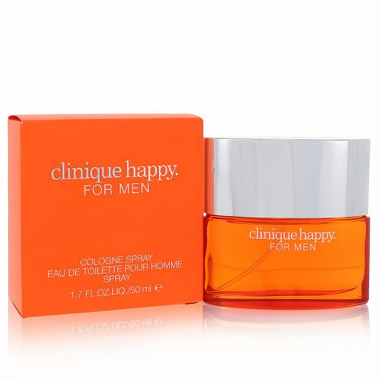 Vibrant Clinique Happy For Men 1.7 oz cologne spray. Bright orange glass bottle with sleek silver cap, next to its matching box.