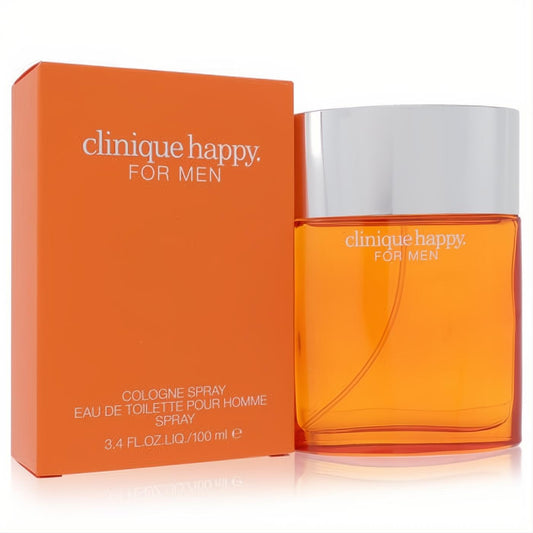 Vibrant Clinique Happy For Men 3.4 oz cologne. Bright orange box and sleek rectangular orange glass bottle with silver cap.