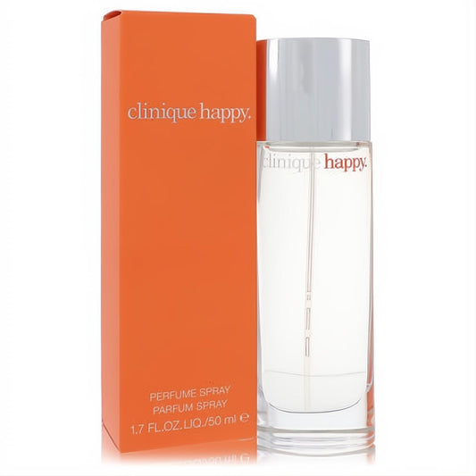 Invigorating Clinique Happy 1.7 oz Eau De Parfum. Elegant clear bottle, silver cap, vibrant orange packaging.