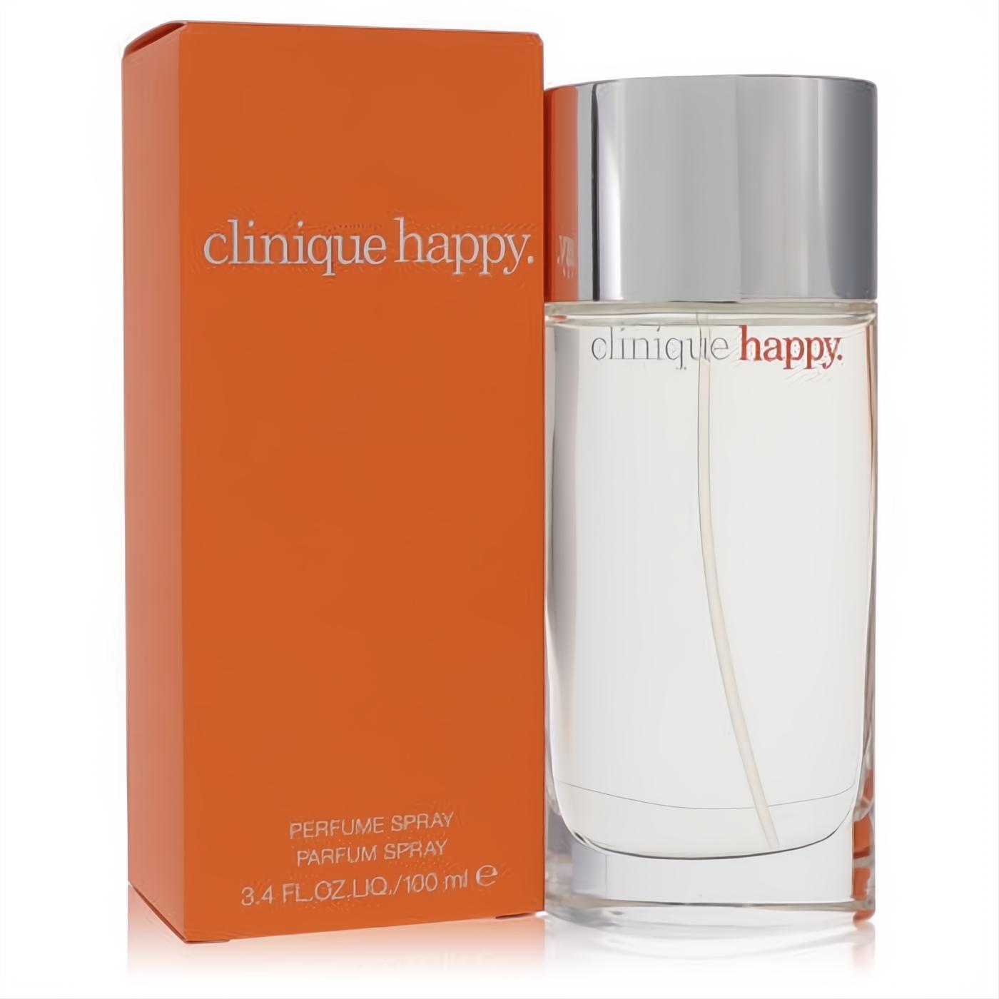 Unbox happiness! Clinique Happy 3.4 oz Eau de Parfum in a clear glass bottle with a sleek silver cap, next to its vibrant orange box.