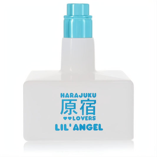 Harajuku Lovers Lil' Angel 1.7 oz perfume. Frosted white bottle with vibrant blue cap and branding.
