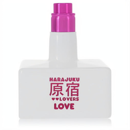 Iconic Harajuku Lovers Love 1.7 oz perfume bottle in crisp white with a vibrant pink cap and bold branding.