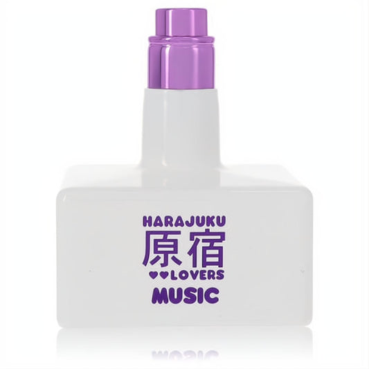 Harajuku Lovers Pop Electric Music women's perfume. White bottle with a vibrant purple sprayer and "HARAKUJU 原宿 ♥♥ LOVERS MUSIC" branding.