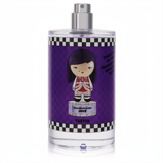 Harajuku Lovers Wicked Style Love tester EDT. Eye-catching purple bottle with a "Love" doll, checkerboard trim, and silver sprayer.