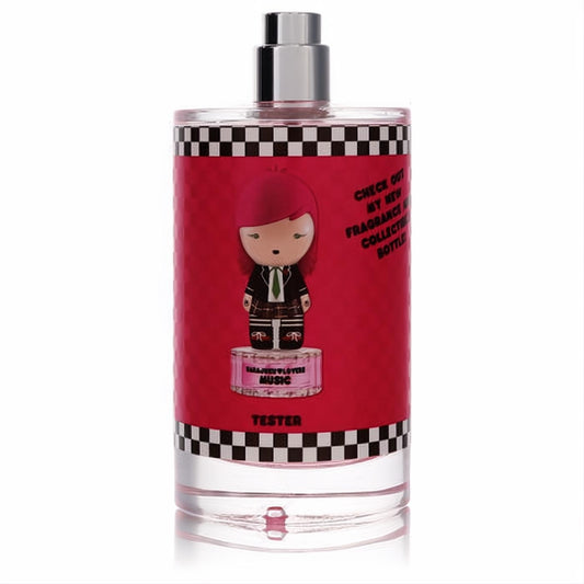 Discover Harajuku Lovers Music 3.4 oz tester perfume. Clear bottle, vibrant red label with checkerboard trim, and playful red-haired character.