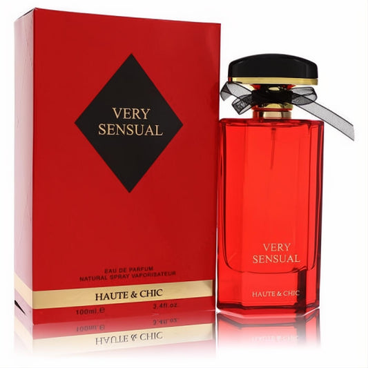 Bold red Haute & Chic Very Sensual Eau De Parfum 3.4 oz spray bottle with elegant gold cap and black bow, beside its matching box.