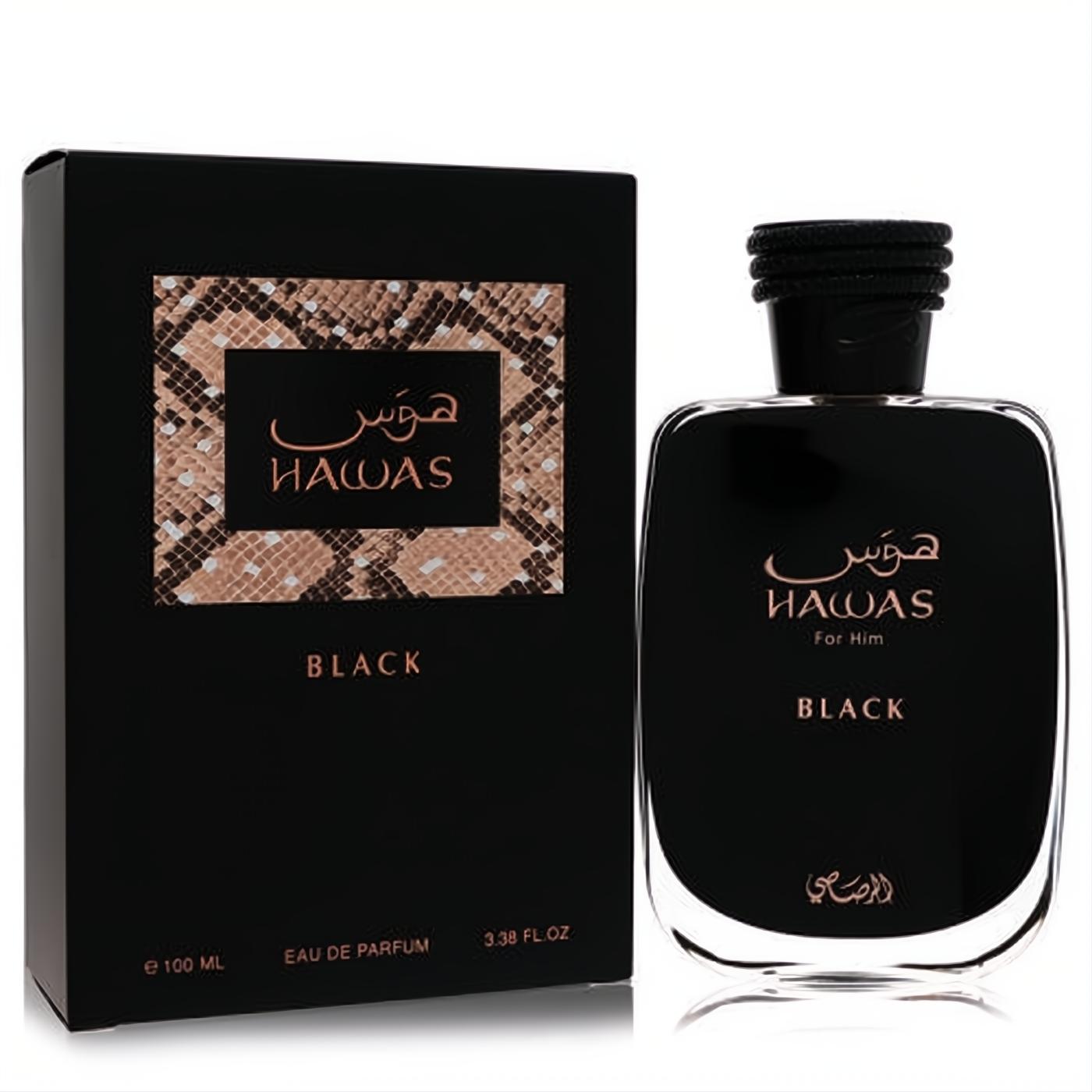 Rasasi Hawas Black 3.3 oz Eau De Parfum for men. Sleek black bottle and box with a striking brown snakeskin design.