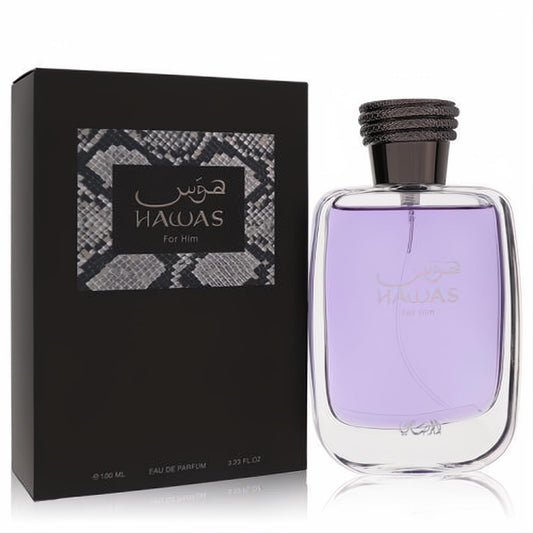 Captivating Hawas by Rasasi men's Eau De Parfum, 3.33 oz. Clear glass bottle with vibrant purple liquid and a stylish black snakeskin-patterned box.