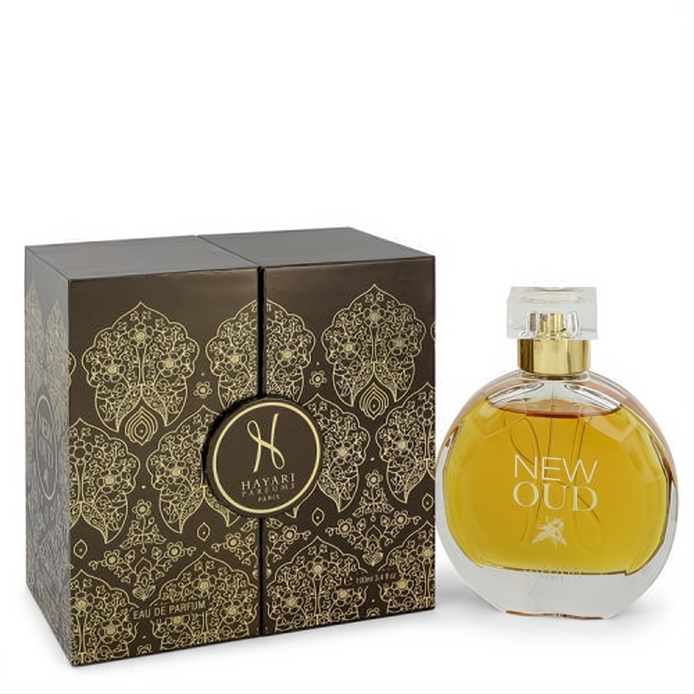 Hayari New Oud 3.4 oz unisex perfume: golden liquid in a round glass bottle, with a luxurious dark brown box featuring ornate gold patterns.
