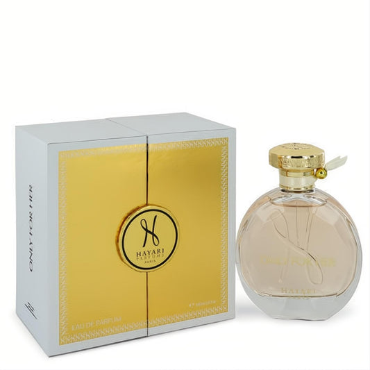Hayari Only for Her 3.4 oz perfume: elegant round bottle with golden liquid, ornate gold cap with ribbon, and luxurious white & gold box.