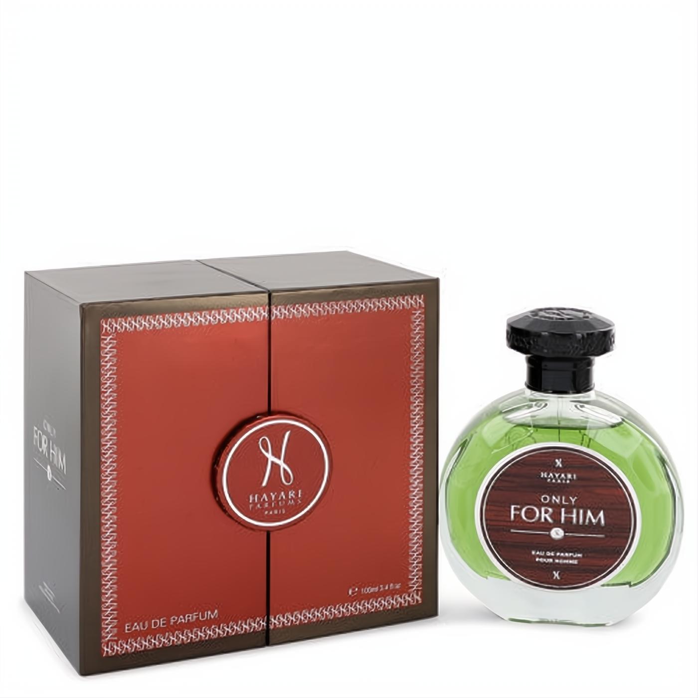 Hayari Only for Him 3.4 oz men's Eau De Parfum. Elegant round bottle with green liquid, dark brown label, and a luxurious reddish-brown gift box.