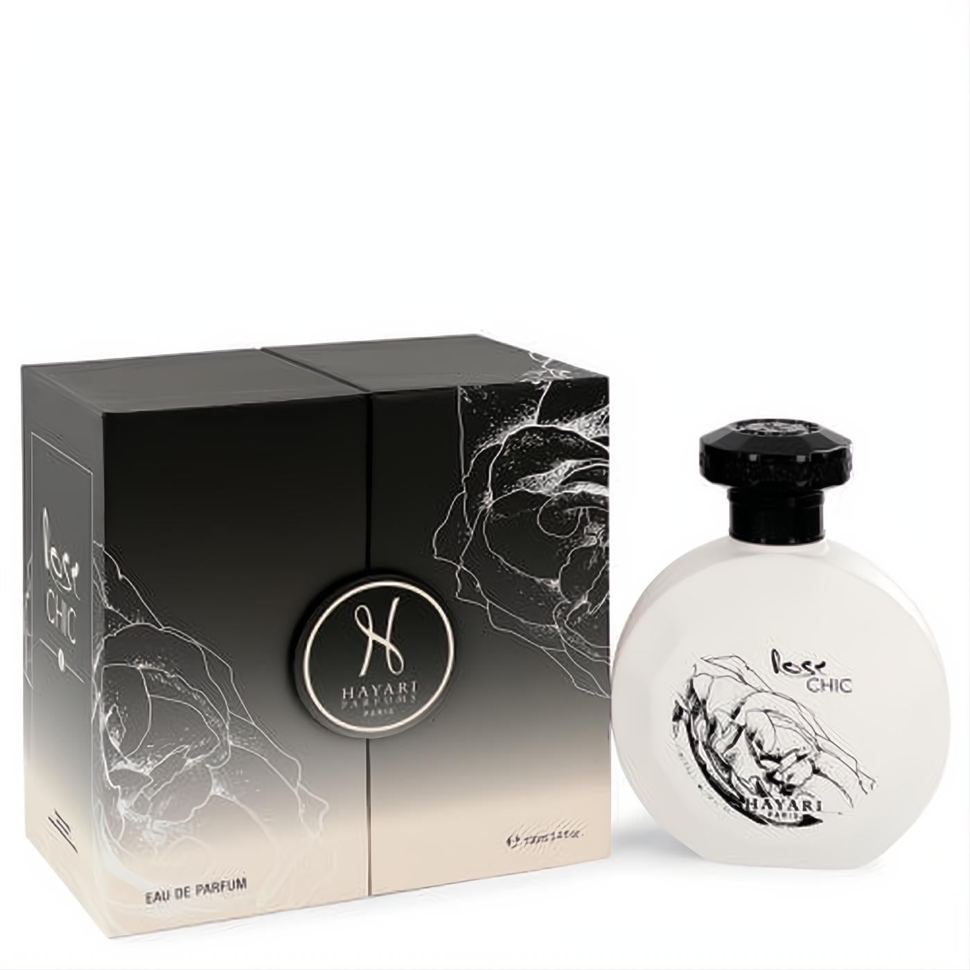 Elegant Hayari Rose Chic Unisex 3.4 oz Eau De Parfum. White bottle with black floral art and textured cap, beside its black-to-beige gradient box.