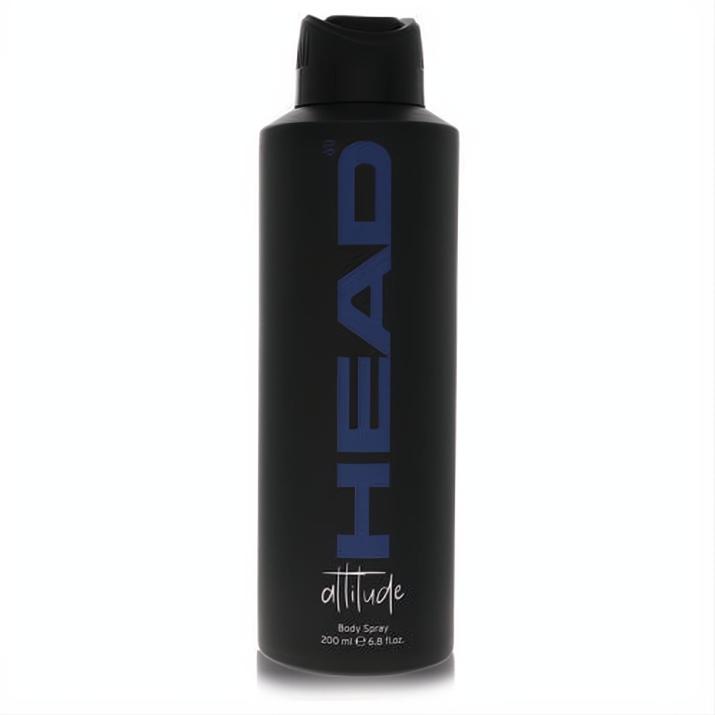 Modern matte black Head Attitude body spray, 6.8 oz, with striking blue "HEAD" branding. A sophisticated men's fragrance.