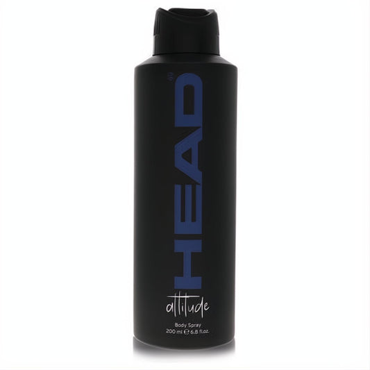 Modern matte black Head Attitude body spray, 6.8 oz, with striking blue "HEAD" branding. A sophisticated men's fragrance.