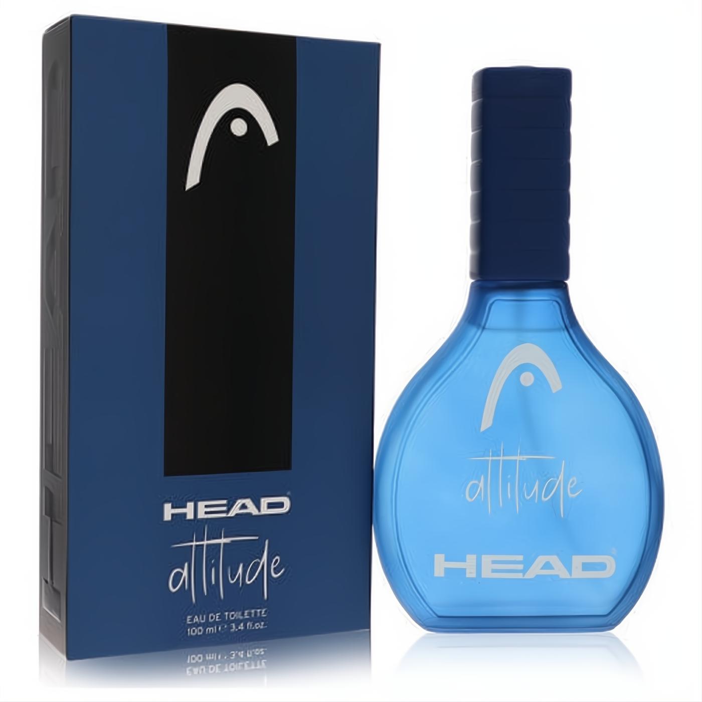 Head Attitude 3.4 oz men's EDT. Captivating light blue glass bottle with dark blue cap, presented alongside its elegant dark blue box.
