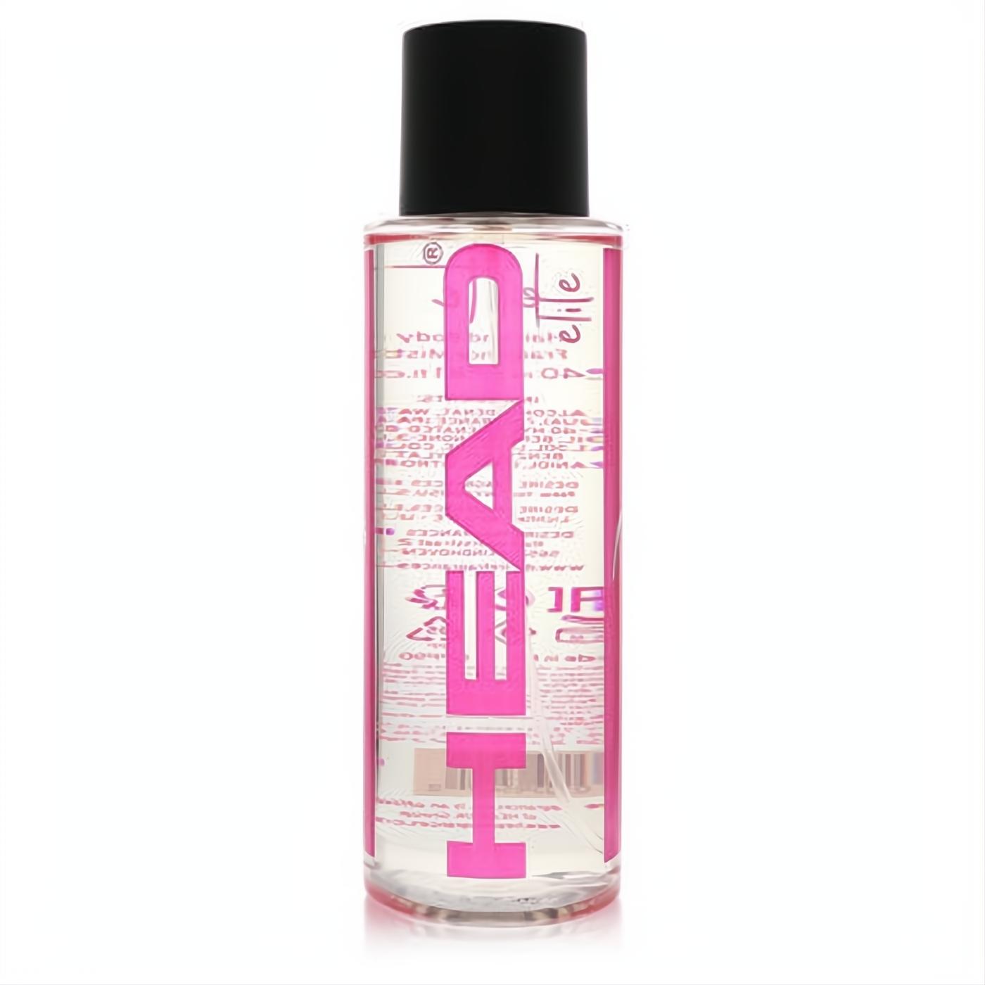 Head Elite 8.1 oz Hair & Body Fragrance Mist. Clear glass spray bottle features vibrant pink branding and a sleek black cap.