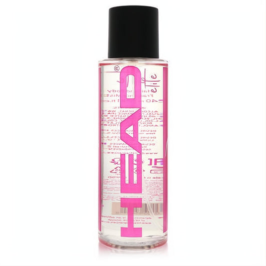 Head Elite 8.1 oz Hair & Body Fragrance Mist. Clear glass spray bottle features vibrant pink branding and a sleek black cap.