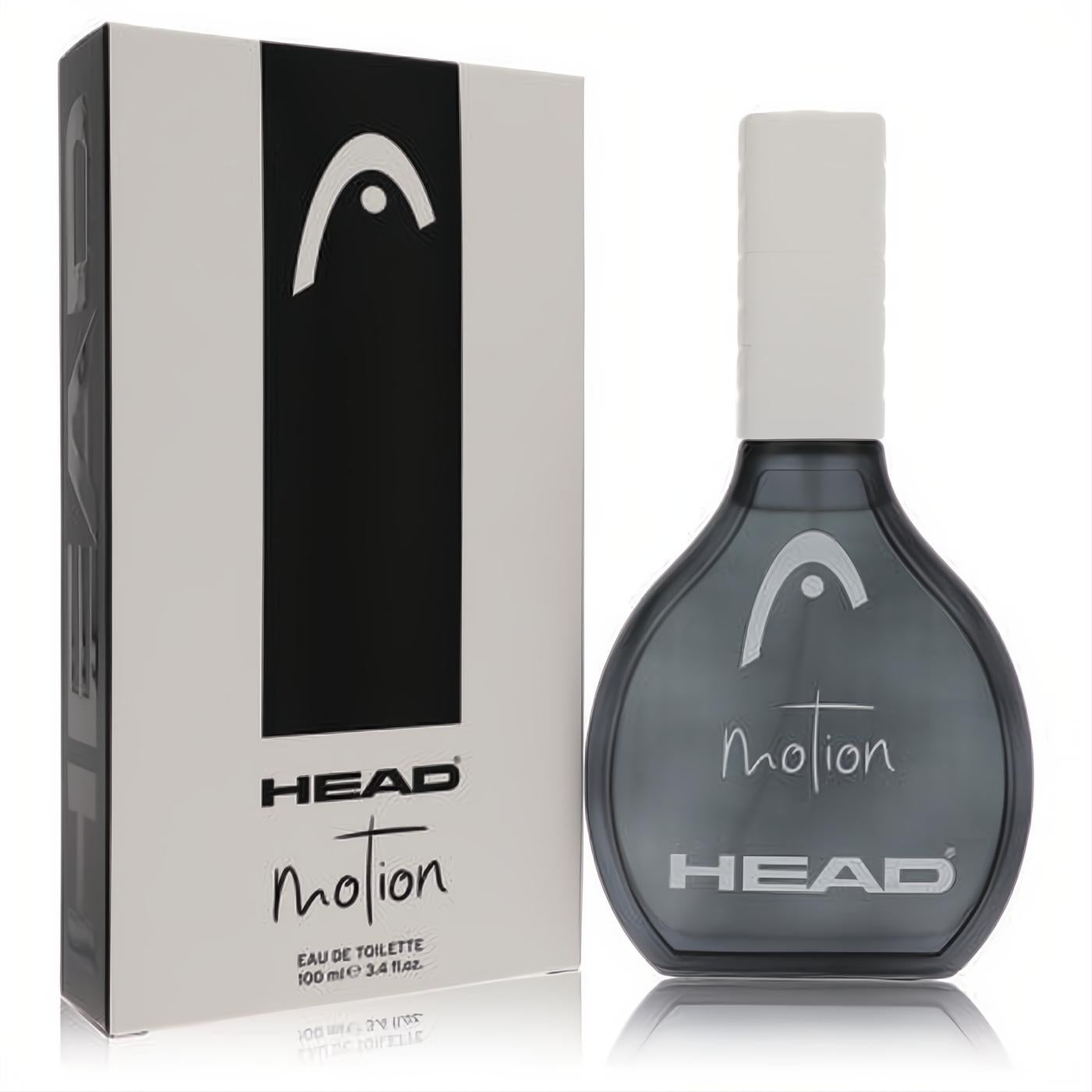 Bold Head Motion men's fragrance: sleek dark gray 3.4 oz Eau De Toilette bottle with white cap and branded box.