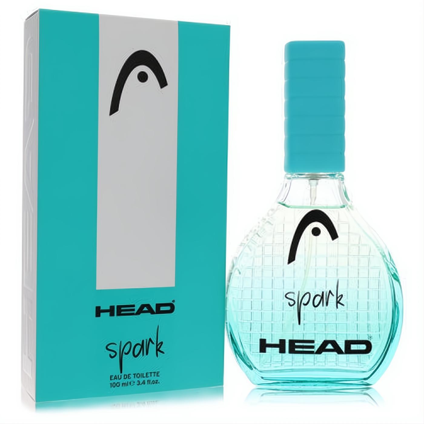Head Spark 3.4 oz Eau De Toilette. Vibrant teal bottle with textured glass, blue cap, and matching box. Fresh women's fragrance.
