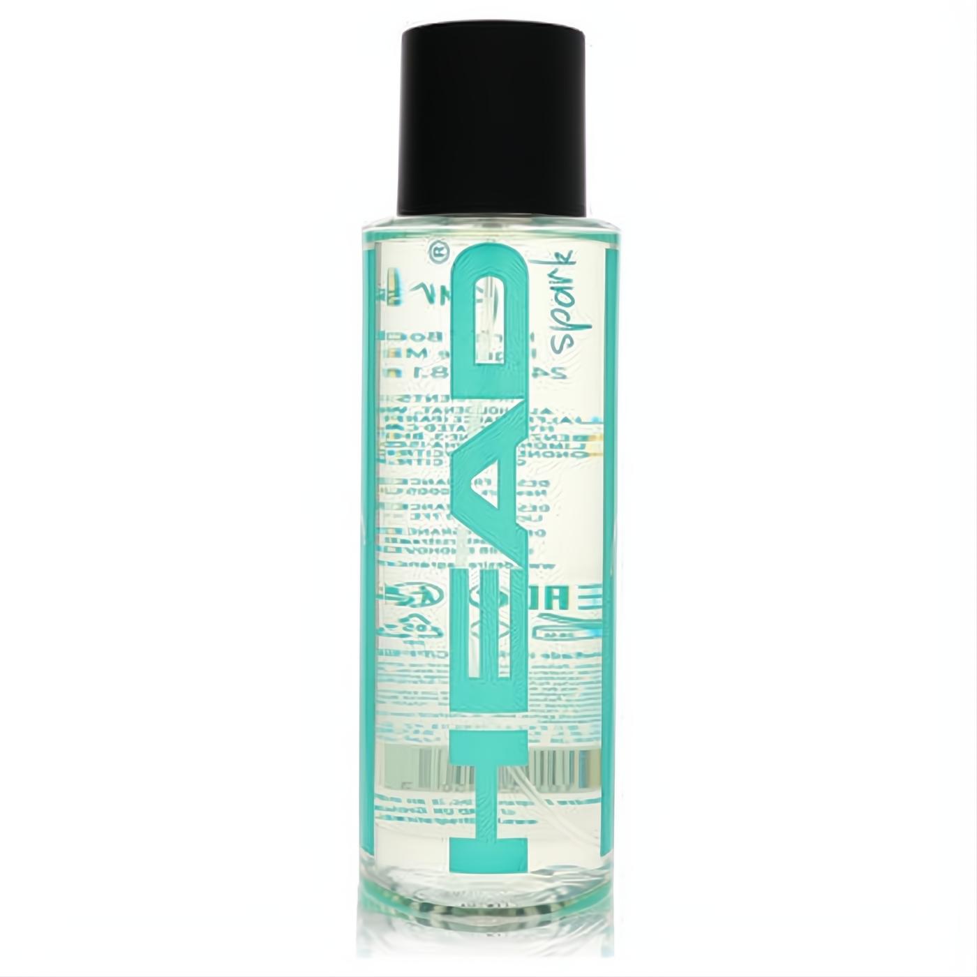 Head Spark 8.1 oz hair & body fragrance mist in a clear glass spray bottle with a vibrant teal label and black cap.