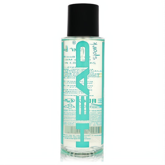 Head Spark 8.1 oz hair & body fragrance mist in a clear glass spray bottle with a vibrant teal label and black cap.