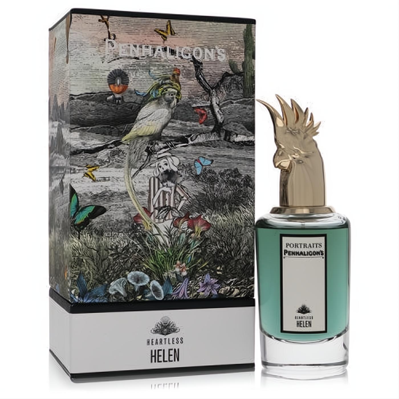Elegant Penhaligon's Heartless Helen 2.5 oz EDP with teal liquid, a unique gold cockatoo cap, and its beautifully illustrated box.